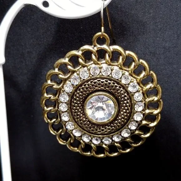 Vintage Clear Rhinestones Mesh Link Chain Round Drop Earrings, 2 Inches - Picture 5 of 8